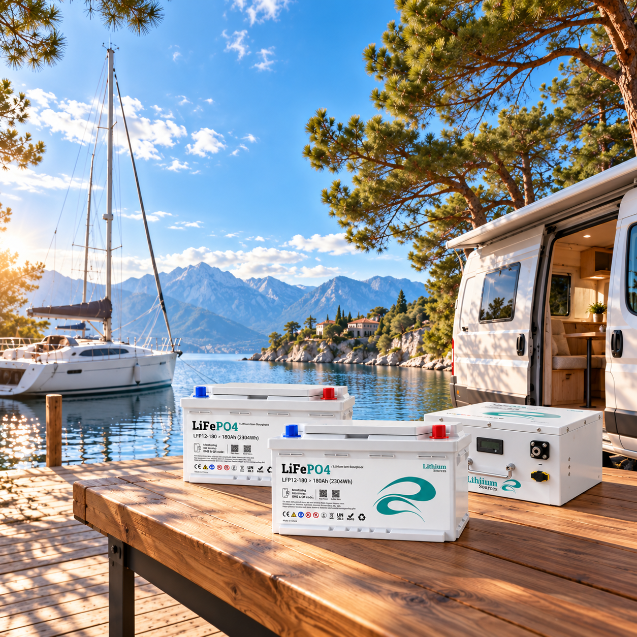 Lithium Sources batteries for an RV and yacht at a mountain marina